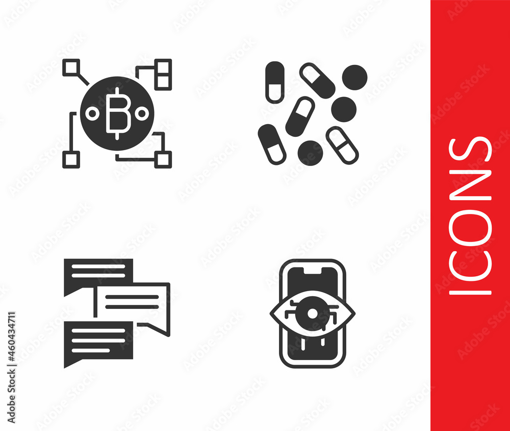 Set Computer vision, Blockchain technology Bitcoin, Speech bubble chat and Medical pill biohacking icon. Vector Set Computer vision, Blockchain technology Bitcoin, Speech bubble chat and Medical pill biohacking icon. Vector