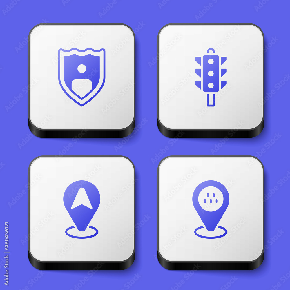 Set Life insurance with shield, Traffic light, Location taxi car and icon. White square button. Vector Set Life insurance with shield, Traffic light, Location taxi car and icon. White square button. Vector
