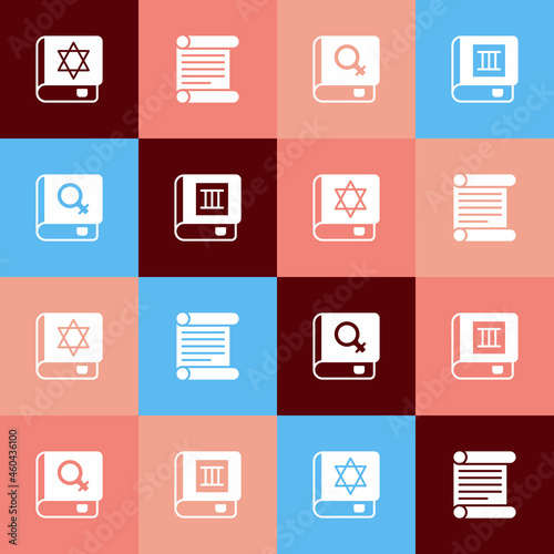 Set pop art Jewish torah book, Decree, parchment, scroll, Book about women and icon. Vector