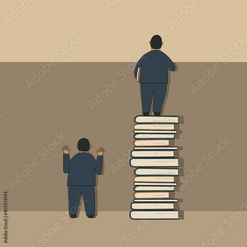 Book is source of knowledge and give better perspective.Comparison of two men:well-read stand high on stack of books and uneducated guy ran into blank wall.For library or bookstore.Hand drawn vector