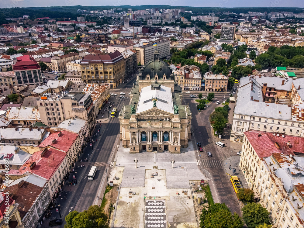 Panorama aerial of Svobody Avenue Lviv Lemberg Ukraine