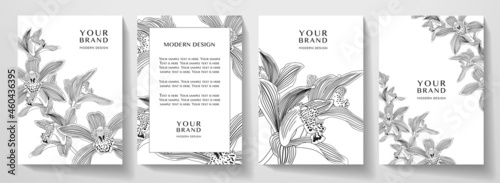 Floral cover, frame design set with black line pattern (orchid flower on white background). Luxury premium vector background pattern for tropical menu, elite summer sale, invite template
