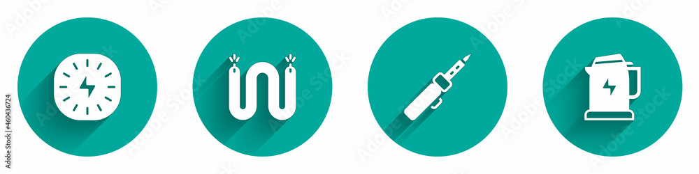 Set Lightning bolt, Electric cable, Soldering iron and kettle icon with long shadow. Vector