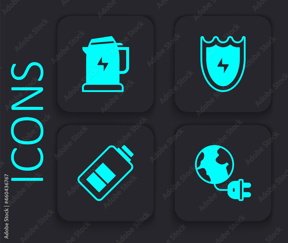 Set Global energy planet with plug, Electric kettle, Lightning and shield and Battery charge icon. Black square button. Vector Set Global energy planet with plug, Electric kettle, Lightning and shield and Battery charge icon. Black square button. Vector