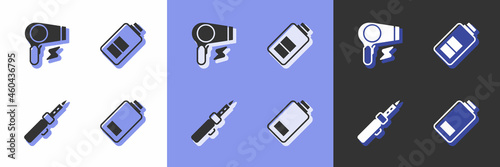 Set Battery charge, Hair dryer, Soldering iron and icon. Vector