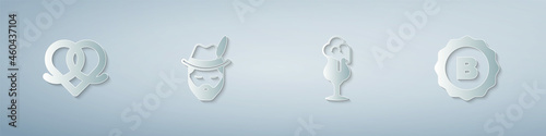 Set Pretzel, Oktoberfest man, Glass of beer and Bottle cap. Paper art style. Vector