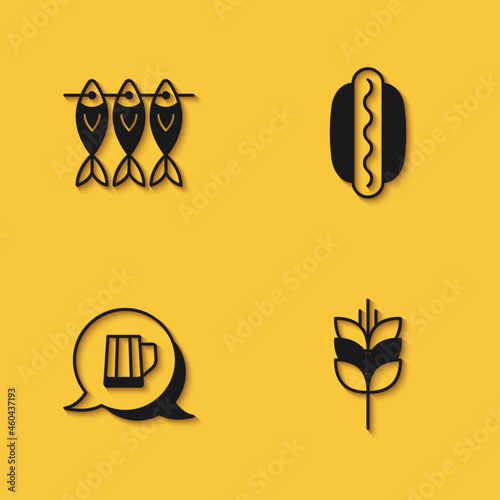 Set Dried fish, Wheat, Wooden beer mug and Hotdog sandwich icon with long shadow. Vector