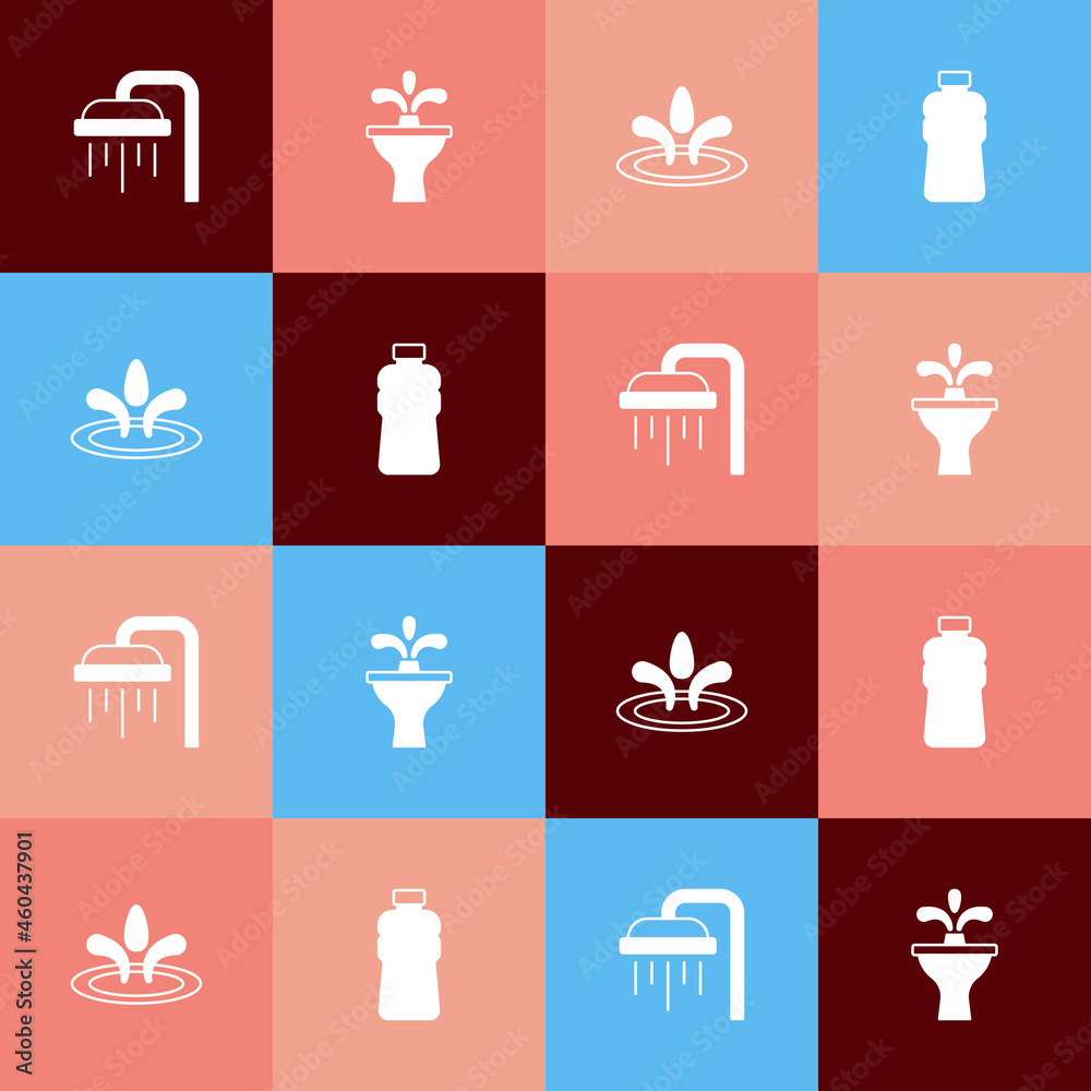 Set pop art Shower, Fountain, Water drop and Bottle of water icon. Vector Set pop art Shower, Fountain, Water drop and Bottle of water icon. Vector