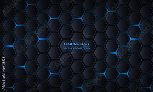 Dark gray hexagonal technology vector abstract background. Blue bright energy flashes under hexagon in modern technology futuristic vector three-dimensional background. Dark honeycomb texture grid.