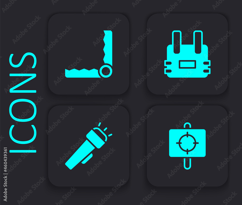 Set Target sport, Trap hunting, Bulletproof vest and Flashlight icon. Black square button. Vector Set Target sport, Trap hunting, Bulletproof vest and Flashlight icon. Black square button. Vector