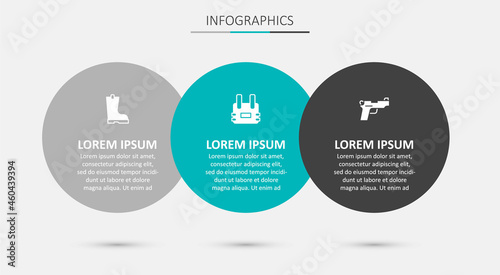Set Bulletproof vest, Waterproof rubber boot and Pistol or gun. Business infographic template. Vector