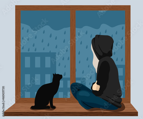 A girl with a cat sits on the windowsill and looks at the rain outside the window. The girl is sad. Cartoon unhappy woman concept of sorrow and melancholy mood, vector illustration