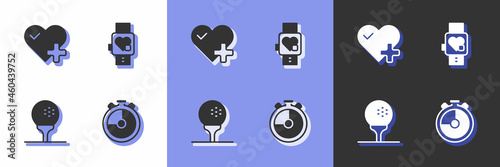Set Stopwatch, Heart rate, Golf ball on tee and Smart with heart icon. Vector