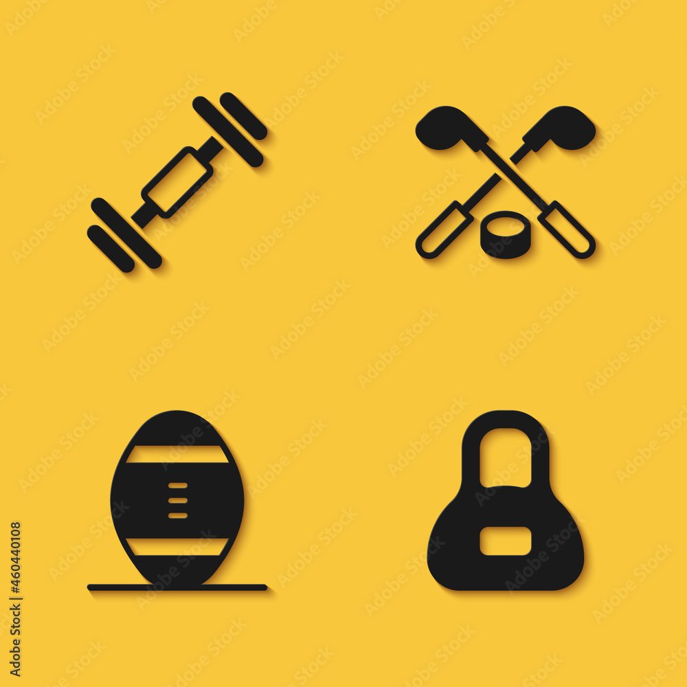 Obraz premium Set Dumbbell, Weight, American Football ball and Ice hockey sticks and puck icon with long shadow. Vector