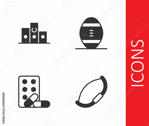 Set Medieval bow, Award over sports winner podium, Sports doping with dumbbell and American Football ball icon. Vector