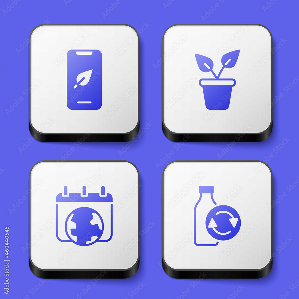 Set Mobile phone with leaf, Plant in pot, World Earth day and Recycling plastic bottle icon. White square button. Vector Set Mobile phone with leaf, Plant in pot, World Earth day and Recycling plastic bottle icon. White square button. Vector