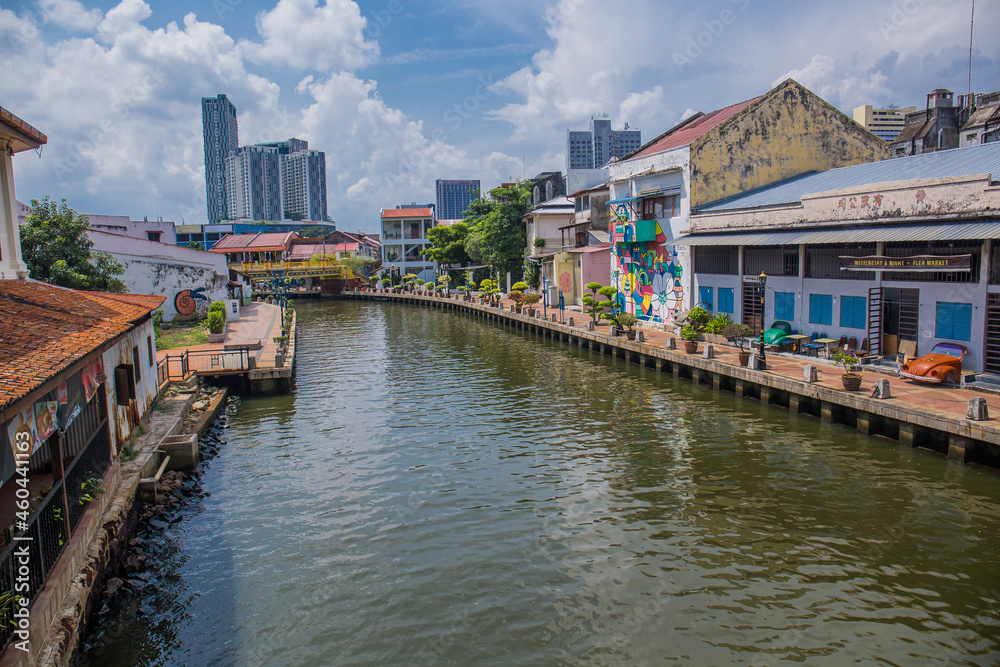Melaka, Malaysia - July 28 2019: The Malacca River which flows through the middle of Malacca City in Malacca, Malaysia