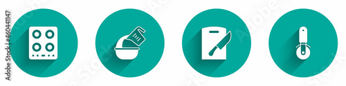 Set Gas stove, Measuring cup and bowl, Cutting board knife and Pizza icon with long shadow. Vector