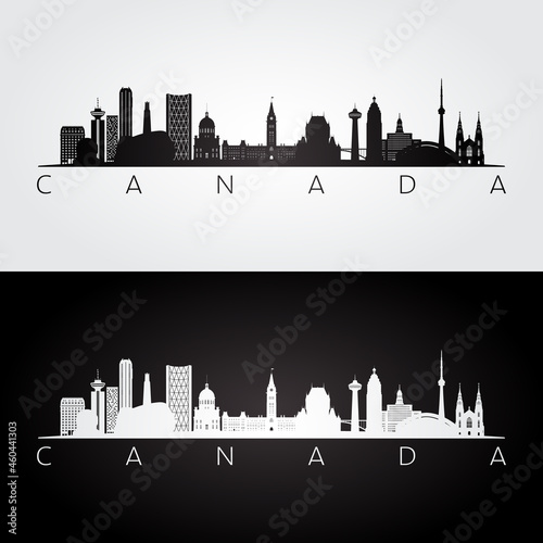 Canada skyline and landmarks silhouette, black and white design, vector illustration.