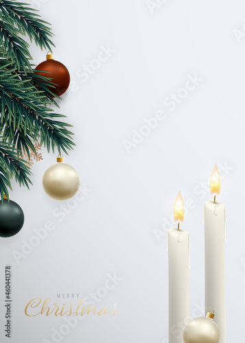 Christmas card with festive decorations. X-mas vector banner. Realistic fir tree  christmas balls  snowflake and burning candles on light gray background.