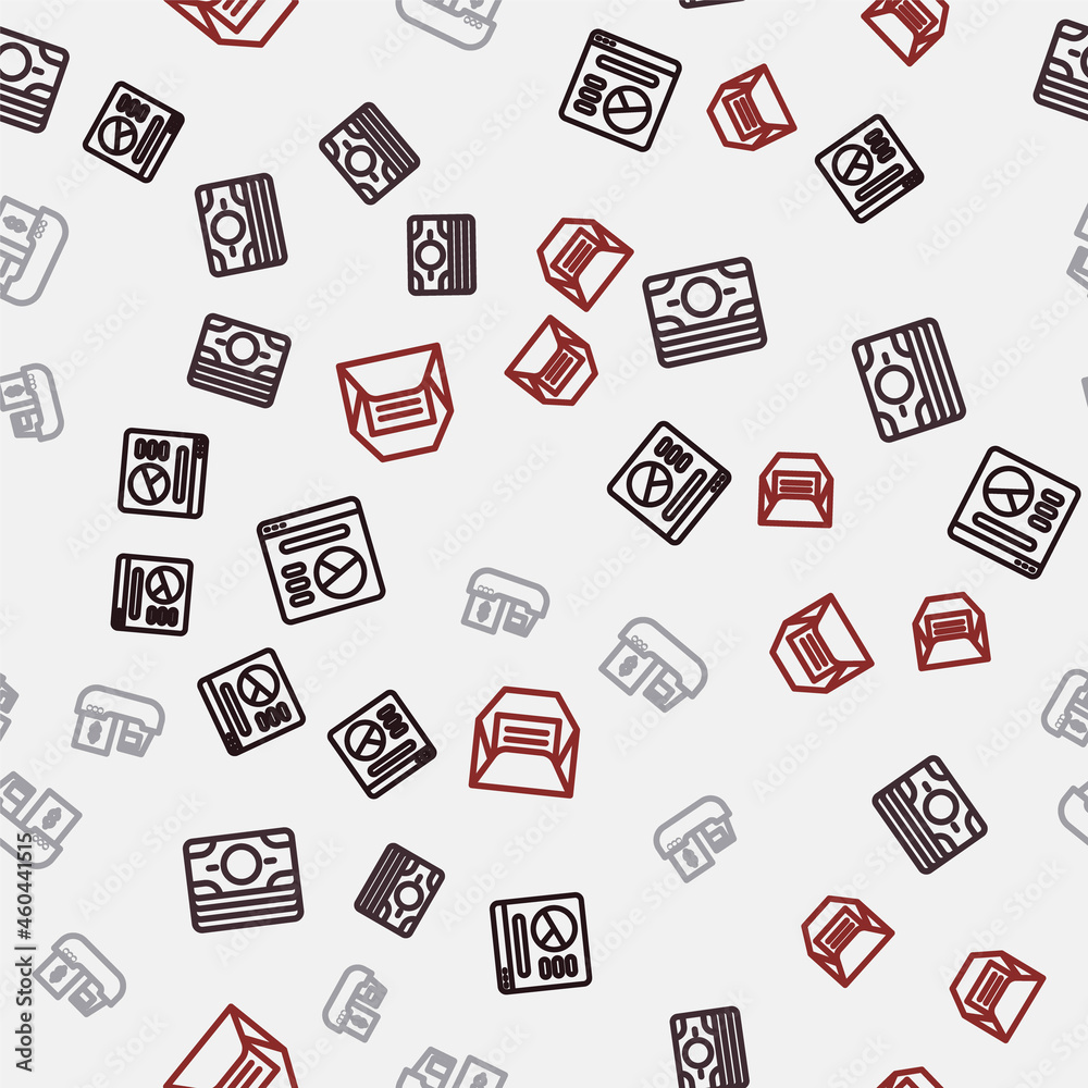 Set line Pie chart infographic, Stacks paper money cash, Cargo ship with boxes delivery and Envelope on seamless pattern. Vector Set line Pie chart infographic, Stacks paper money cash, Cargo ship with boxes delivery and Envelope on seamless pattern. Vector