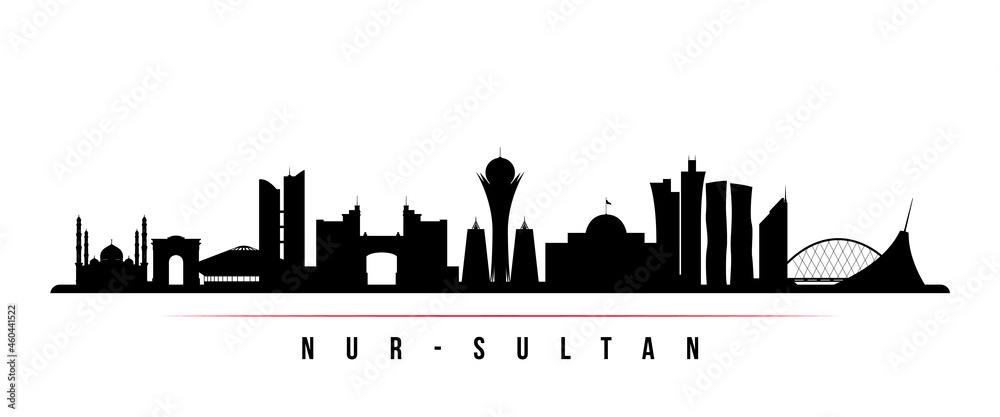 Nur-Sultan skyline horizontal banner. Black and white silhouette of Nur-Sultan, Kazakhstan. Vector template for your design.