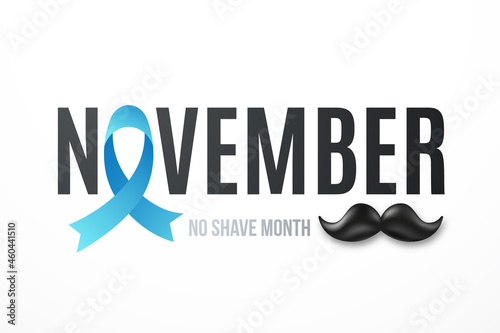 November No Shave Month banner. Blue ribbon and black mustache..Raise awareness of men's health issues. Stock vector illustration.