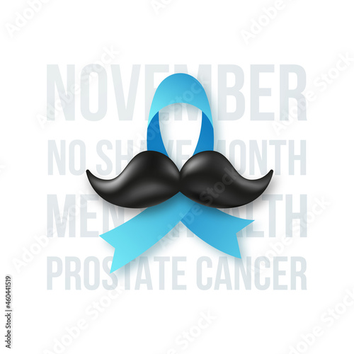 November Prostate cancer awareness. Blue ribbon with black mustache and lettering: November no shave month, menth health prostate cancer.