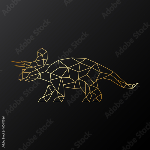 Golden polygonal triceratops dinosaur with horns illustration isolated on black background. Geometric dinosaur emblem. Vector illustration.