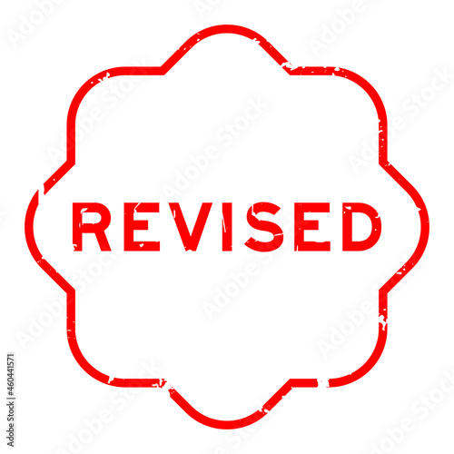 Grunge red revised word rubber seal stamp on white background