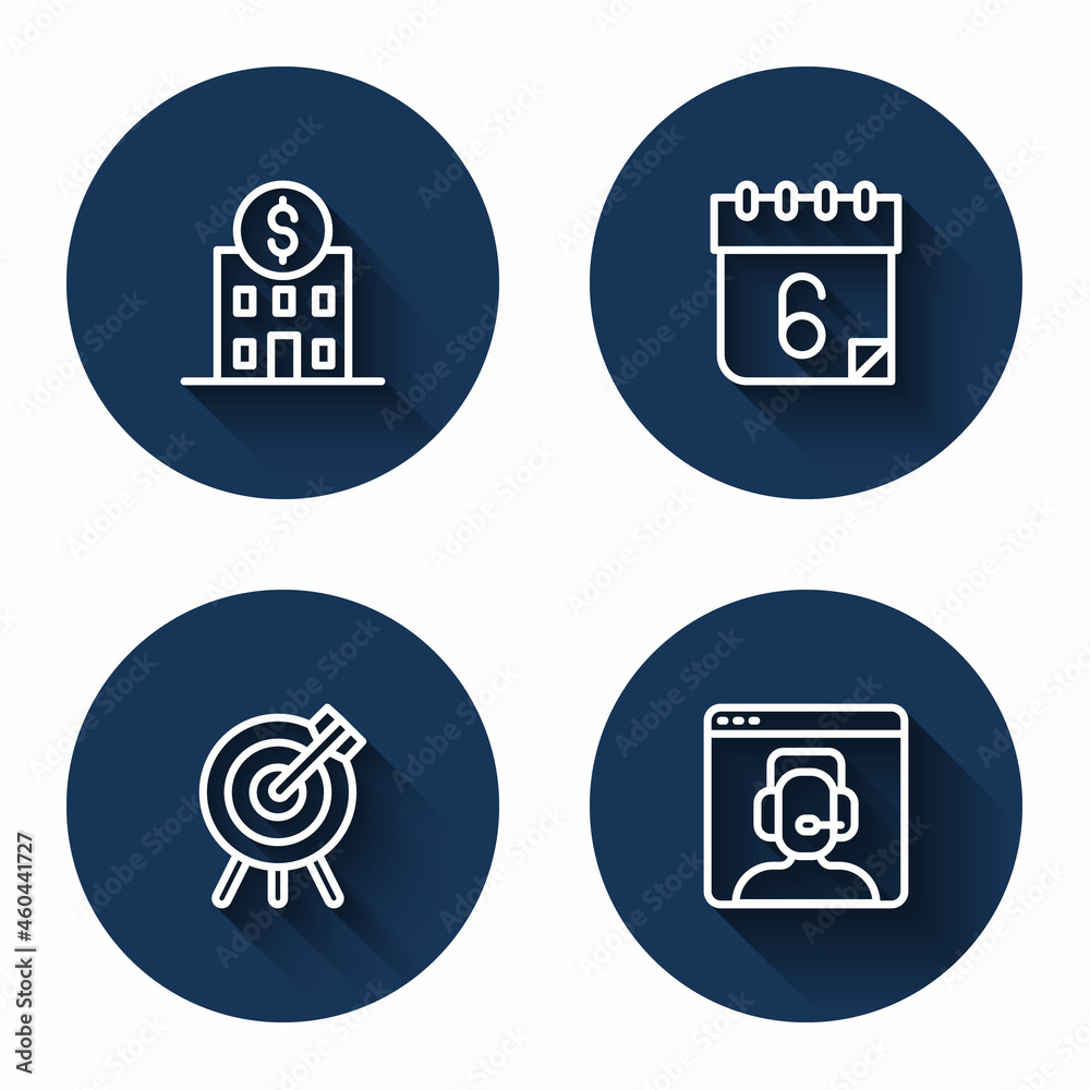 Set line Bank building, Calendar, Target financial goal and Telephone 24 hours support with long shadow. Blue circle button. Vector Set line Bank building, Calendar, Target financial goal and Telephone 24 hours support with long shadow. Blue circle button. Vector