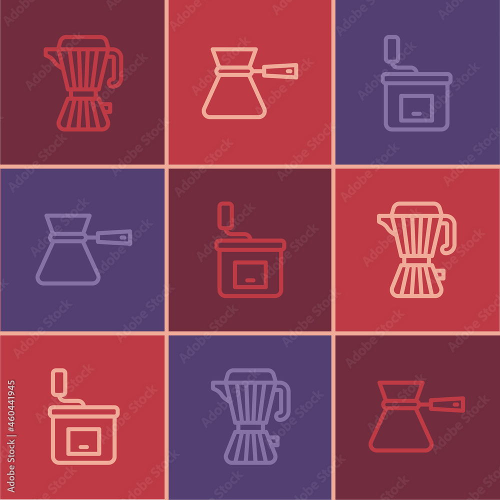 Set line Coffee maker moca pot, Manual coffee grinder and turk icon. Vector Set line Coffee maker moca pot, Manual coffee grinder and turk icon. Vector