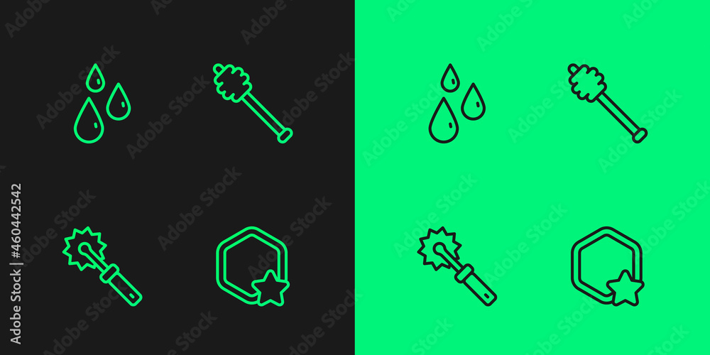 Set line Honeycomb, Cutter roll for honey, Drops of and dipper stick icon. Vector