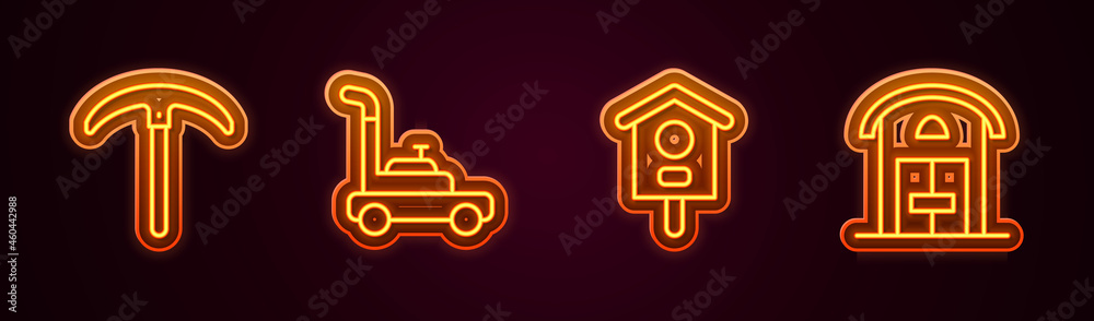 Set line Pickaxe, Lawn mower, Bird house and Farm. Glowing neon icon. Vector Set line Pickaxe, Lawn mower, Bird house and Farm. Glowing neon icon. Vector