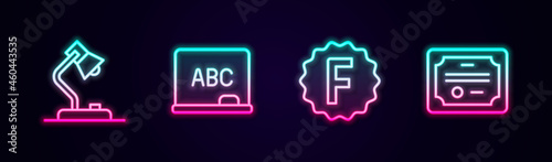 Set line Table lamp, Chalkboard, Exam paper with incorrect answers and Certificate template. Glowing neon icon. Vector