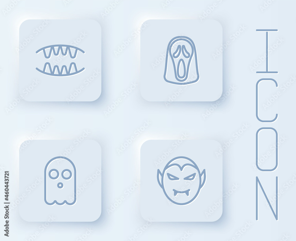 Set line Vampire teeth, Funny and scary ghost mask, Ghost and . White square button. Vector Set line Vampire teeth, Funny and scary ghost mask, Ghost and . White square button. Vector