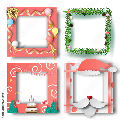 Merry Christmas and Happy new year border frame photo design set on transparency background.Creative origami paper cut and craft style.Holiday decoration gift card.Winter Postcard vector illustration