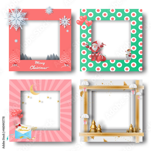 Merry Christmas and Happy new year border frame photo design set on transparency background.Creative origami paper cut and craft style.Holiday decoration gift card.Winter Postcard vector illustration