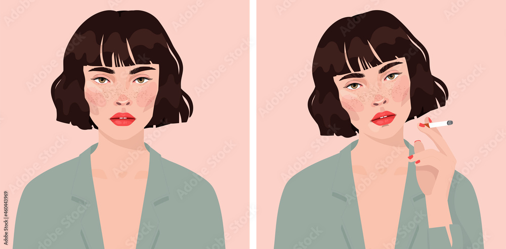 Beautiful girl woman with a cigarette.flat illustration. Avatar for a social network. Beautiful girl woman with a cigarette.flat illustration. Avatar for a social network.