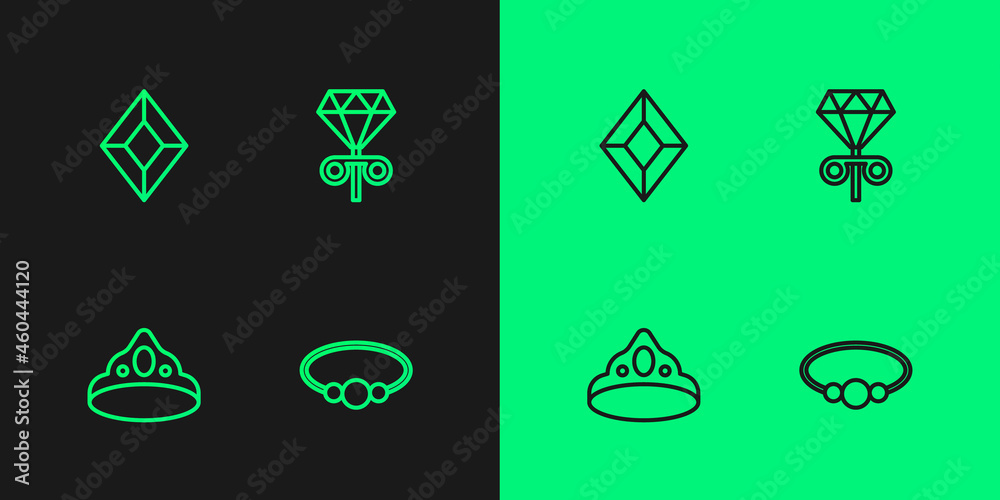 Obraz premium Set line Bracelet jewelry, King crown, Gem stone and Stud earrings icon. Vector