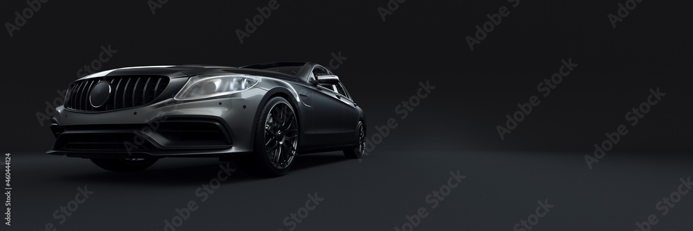 Elegant dark metallic generic vehicle. Studio photo banner. 