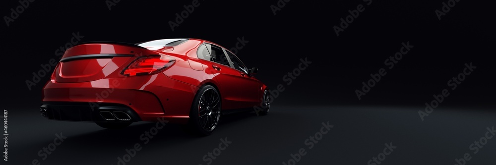 Unmarked metallic red sports car banner parked inside. Studio shot back view with dark background. 