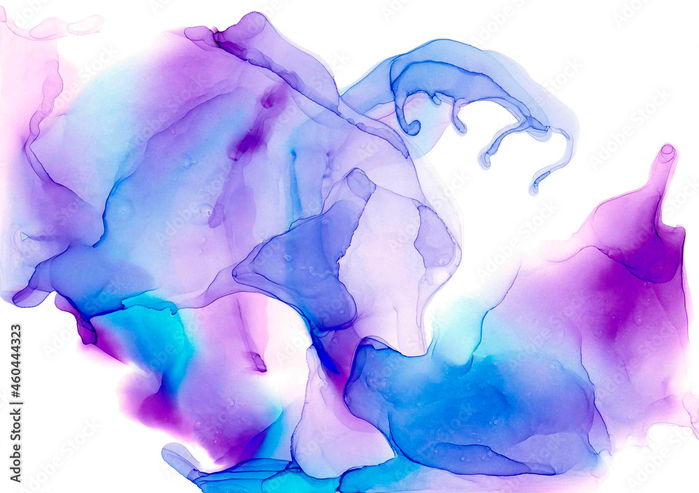 Graceful modern abstract painting. Translucent beautifully curved blue purple fluffy crest wave. Delicate watercolor color transitions and fine lines. Creative author’s design and trendy texture.