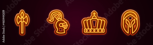 Set line Medieval axe, helmet, King crown and . Glowing neon icon. Vector