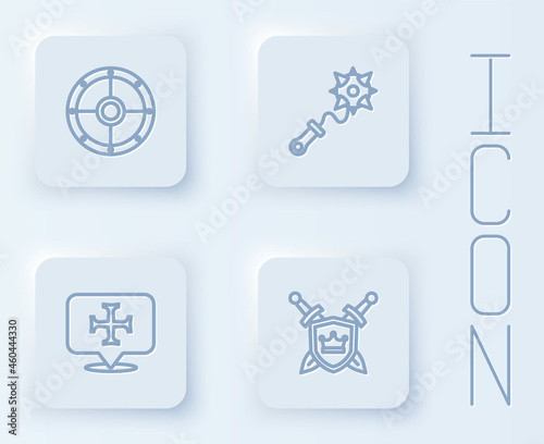Set line Round shield, Mace with spikes, Crusade and Shield swords. White square button. Vector