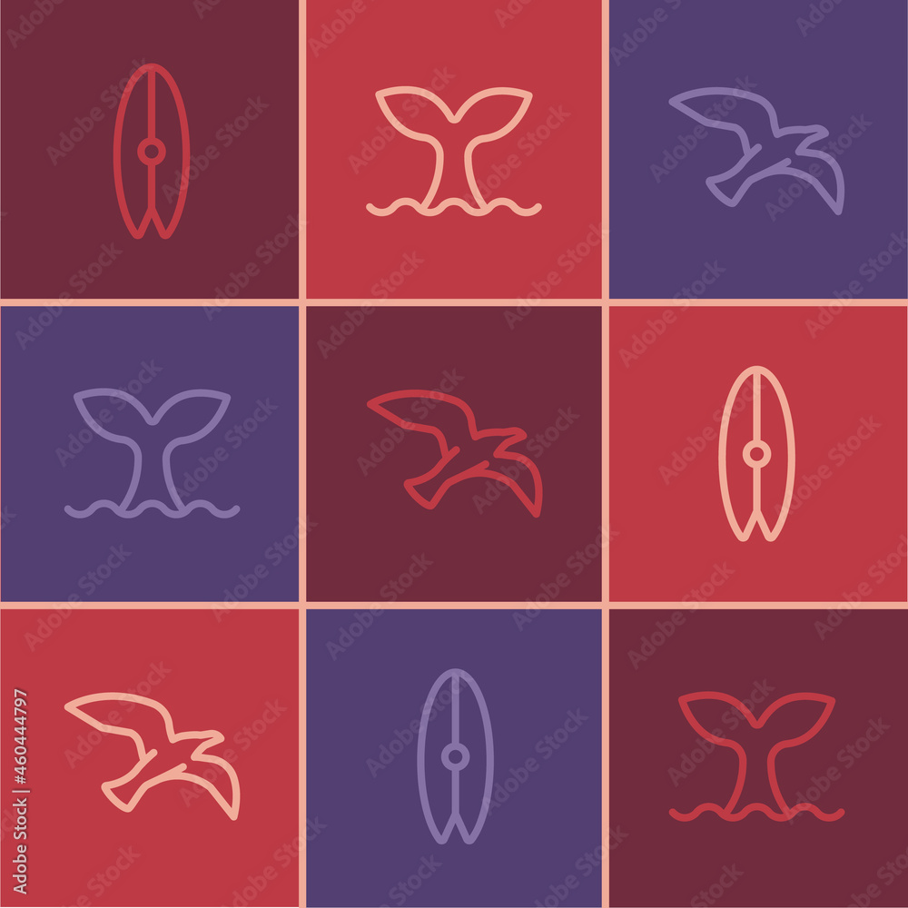 Set line Surfboard, Bird seagull and Whale tail icon. Vector Set line Surfboard, Bird seagull and Whale tail icon. Vector