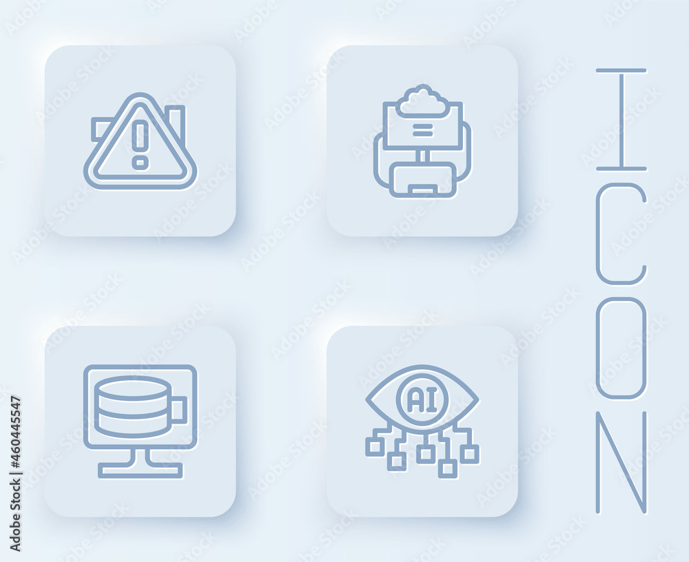 Set line Exclamation mark in triangle, Cloud database, and Computer vision. White square button. Vector Set line Exclamation mark in triangle, Cloud database, and Computer vision. White square button. Vector