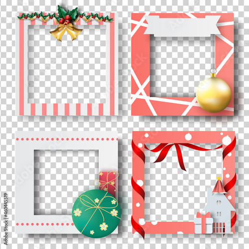 Merry Christmas and Happy new year border frame photo design set on transparency background.Creative origami paper cut and craft style.Holiday decoration gift card.Winter Postcard vector illustration