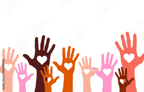 Raised hands in the air with heart shape, volunteer concept vector illustration