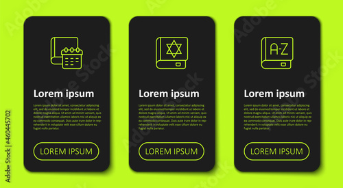 Set line Daily paper notepad, Jewish torah book and Translator. Business infographic template. Vector
